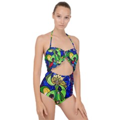 Beauty Stained Glass Rose Scallop Top Cut Out Swimsuit by Cowasu