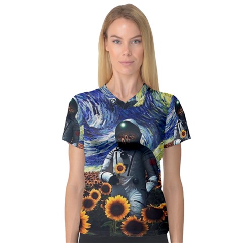 Starry Surreal Psychedelic Astronaut Space V-neck Sport Mesh Tee by Cowasu