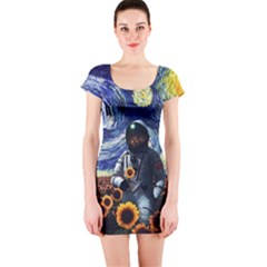 Starry Surreal Psychedelic Astronaut Space Short Sleeve Bodycon Dress by Cowasu