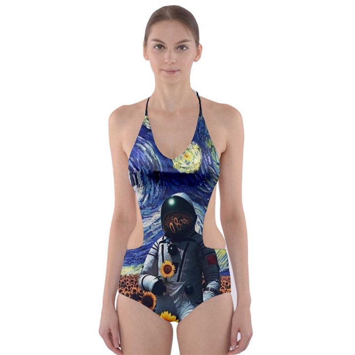 Starry Surreal Psychedelic Astronaut Space Cut-Out One Piece Swimsuit