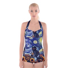 Starry Surreal Psychedelic Astronaut Space Boyleg Halter Swimsuit  by Cowasu