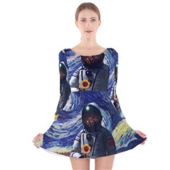 Starry Surreal Psychedelic Astronaut Space Long Sleeve Velvet Skater Dress by Cowasu