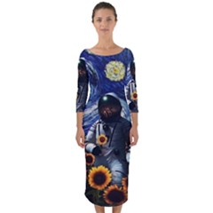 Starry Surreal Psychedelic Astronaut Space Quarter Sleeve Midi Bodycon Dress by Cowasu