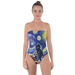 Starry Surreal Psychedelic Astronaut Space Tie Back One Piece Swimsuit by Cowasu