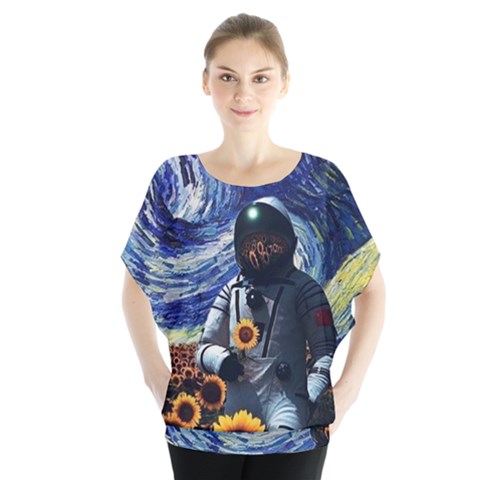 Starry Surreal Psychedelic Astronaut Space Batwing Chiffon Blouse by Cowasu