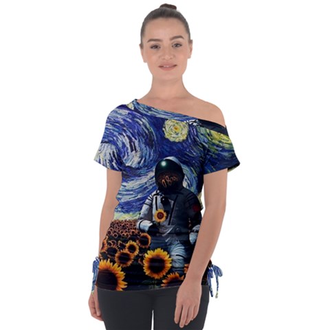 Starry Surreal Psychedelic Astronaut Space Off Shoulder Tie-up Tee by Cowasu