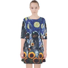 Starry Surreal Psychedelic Astronaut Space Quarter Sleeve Pocket Dress by Cowasu