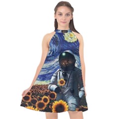 Starry Surreal Psychedelic Astronaut Space Halter Neckline Chiffon Dress  by Cowasu