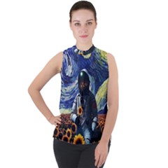 Starry Surreal Psychedelic Astronaut Space Mock Neck Chiffon Sleeveless Top by Cowasu