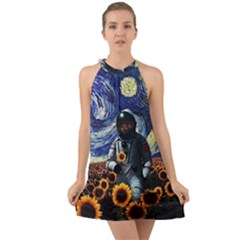 Starry Surreal Psychedelic Astronaut Space Halter Tie Back Chiffon Dress by Cowasu