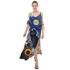 Starry Surreal Psychedelic Astronaut Space Maxi Chiffon Cover Up Dress by Cowasu