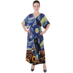 Starry Surreal Psychedelic Astronaut Space V-neck Boho Style Maxi Dress by Cowasu