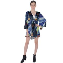 Starry Surreal Psychedelic Astronaut Space V-neck Flare Sleeve Mini Dress by Cowasu