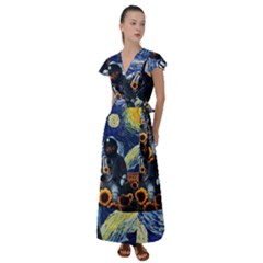 Starry Surreal Psychedelic Astronaut Space Flutter Sleeve Maxi Dress by Cowasu