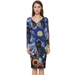 Starry Surreal Psychedelic Astronaut Space Long Sleeve V-neck Bodycon Dress  by Cowasu