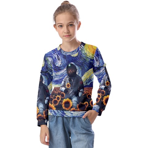 Starry Surreal Psychedelic Astronaut Space Kids  Long Sleeve Tee With Frill  by Cowasu