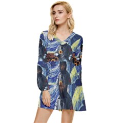 Starry Surreal Psychedelic Astronaut Space Tiered Long Sleeve Mini Dress by Cowasu