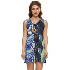 Starry Surreal Psychedelic Astronaut Space Tiered Sleeveless Mini Dress by Cowasu