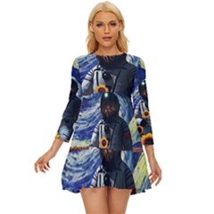 Starry Surreal Psychedelic Astronaut Space Long Sleeve Babydoll Dress by Cowasu