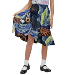 Starry Surreal Psychedelic Astronaut Space Kids  Ruffle Flared Wrap Midi Skirt by Cowasu