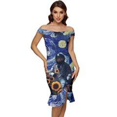 Starry Surreal Psychedelic Astronaut Space Off Shoulder Ruffle Split Hem Bodycon Dress by Cowasu