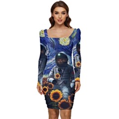 Starry Surreal Psychedelic Astronaut Space Women Long Sleeve Ruched Stretch Jersey Dress by Cowasu