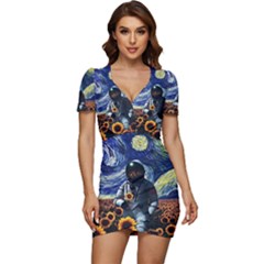 Starry Surreal Psychedelic Astronaut Space Low Cut Cap Sleeve Mini Dress by Cowasu