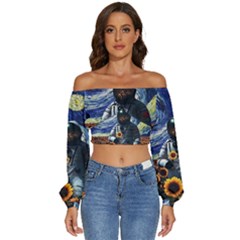 Starry Surreal Psychedelic Astronaut Space Long Sleeve Crinkled Weave Crop Top by Cowasu