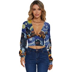 Starry Surreal Psychedelic Astronaut Space Long Sleeve Deep-v Velour Top by Cowasu