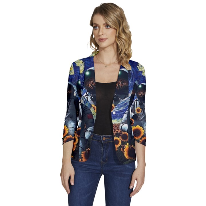 Starry Surreal Psychedelic Astronaut Space Women s One-Button 3/4 Sleeve Short Jacket