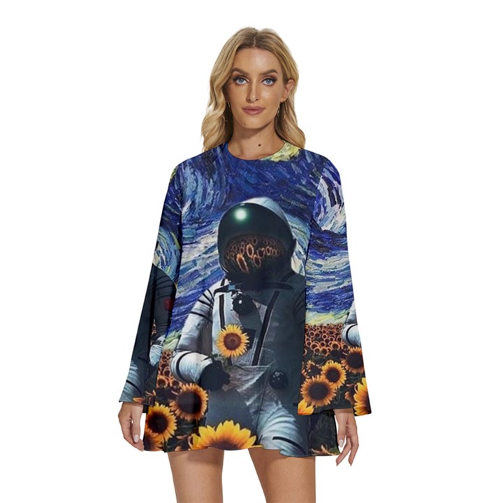 Starry Surreal Psychedelic Astronaut Space Round Neck Long Sleeve Bohemian Style Chiffon Mini Dress