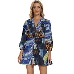 Starry Surreal Psychedelic Astronaut Space V-neck Placket Mini Dress by Cowasu