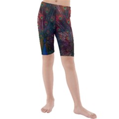 Red Peacock Feather Kids  Mid Length Swim Shorts by Cowasu