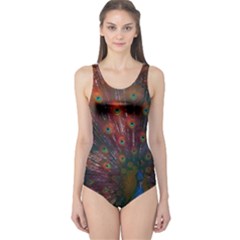 Red Peacock Feather One Piece Swimsuit by Cowasu