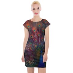 Red Peacock Feather Cap Sleeve Bodycon Dress by Cowasu