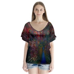 Red Peacock Feather V-neck Flutter Sleeve Top by Cowasu