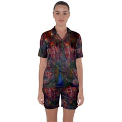 Red Peacock Feather Satin Short Sleeve Pajamas Set by Cowasu