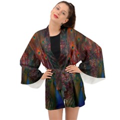 Red Peacock Feather Long Sleeve Kimono by Cowasu