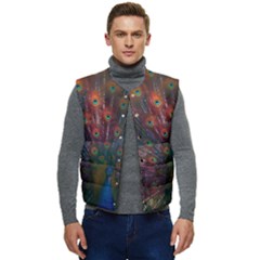 Red Peacock Feather Men s Short Button Up Puffer Vest	 by Cowasu