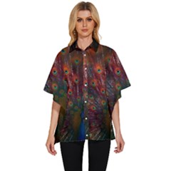 Red Peacock Feather Women s Batwing Button Up Shirt