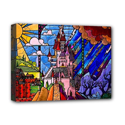 Beauty Stained Glass Castle Building Deluxe Canvas 16  X 12  (stretched)  by Cowasu