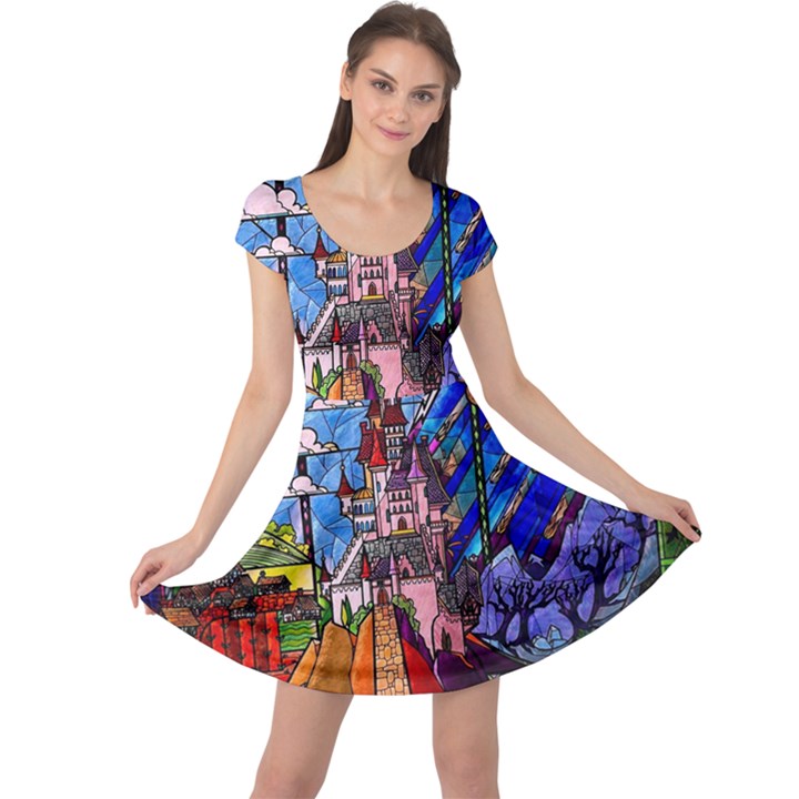 Beauty Stained Glass Castle Building Cap Sleeve Dress