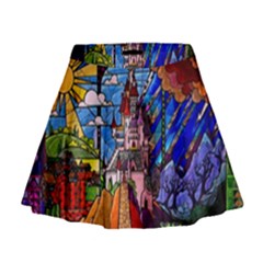 Beauty Stained Glass Castle Building Mini Flare Skirt by Cowasu