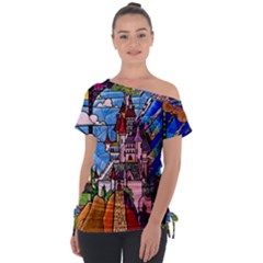 Beauty Stained Glass Castle Building Off Shoulder Tie-up Tee