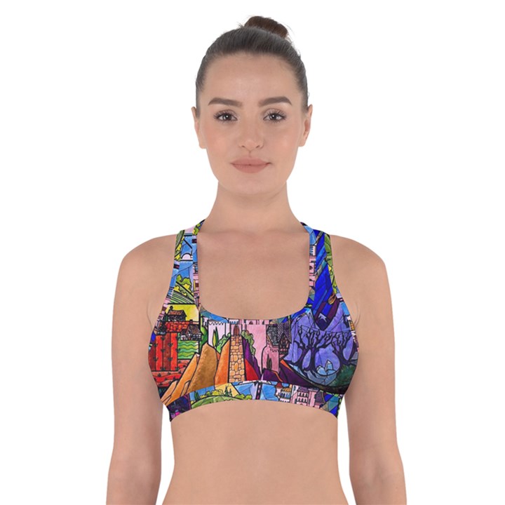 Beauty Stained Glass Castle Building Cross Back Sports Bra