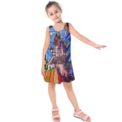 Beauty Stained Glass Castle Building Kids  Sleeveless Dress by Cowasu