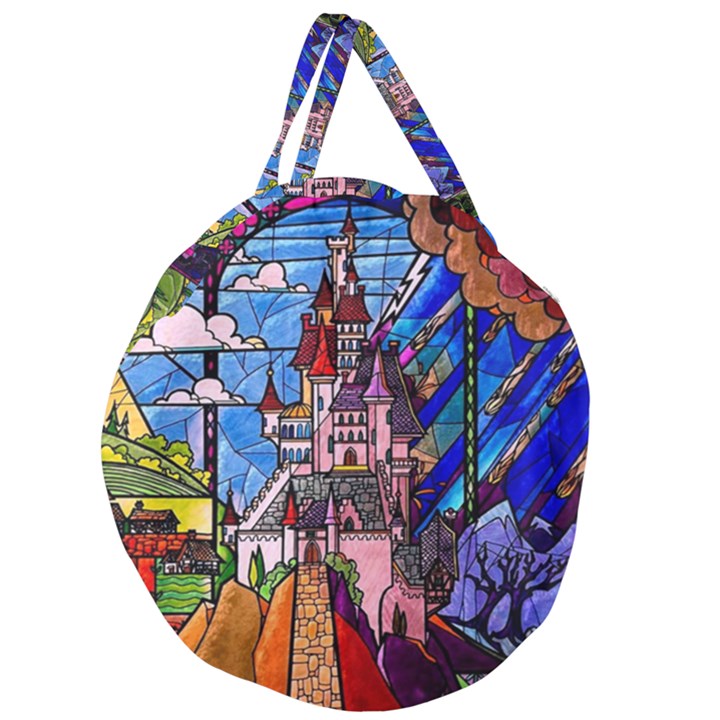 Beauty Stained Glass Castle Building Giant Round Zipper Tote