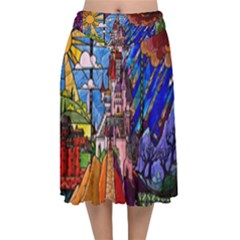 Beauty Stained Glass Castle Building Velvet Flared Midi Skirt by Cowasu