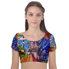 Beauty Stained Glass Castle Building Velvet Short Sleeve Crop Top  by Cowasu