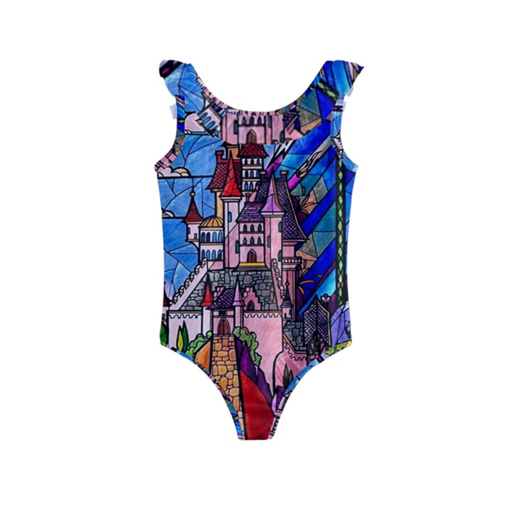 Beauty Stained Glass Castle Building Kids  Frill Swimsuit